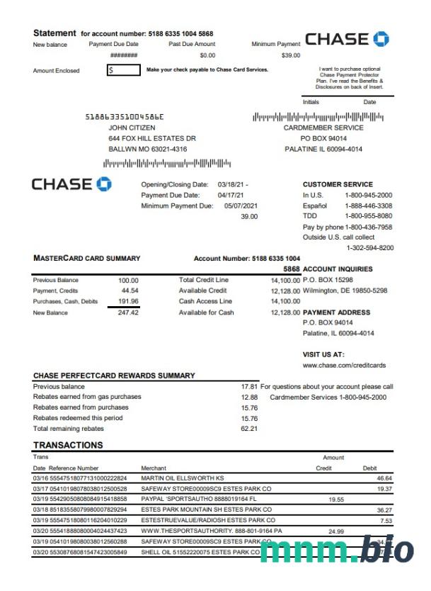 Wyciąg z karty USA Chase bank Mastercard łatwy do wypełnienia szablon w formacie Word i PDF